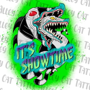 May include: A green background with a white and black cartoon monster with a red eye and the words "It's Showtime" in a colorful font.