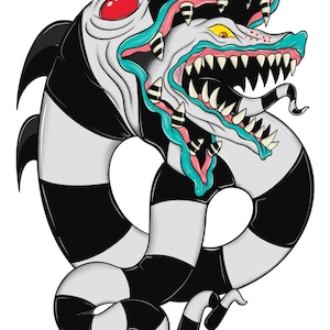 Pode incluir: Uma criatura listrada de preto e branco com uma boca grande aberta e dentes afiados. A criatura tem uma língua azul e rosa e um olho vermelho.