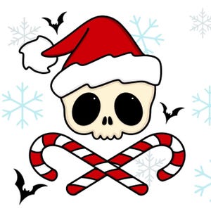 May include: A cartoon skull wearing a red Santa hat with white trim and candy canes crossed in front. The skull has large black eyes and a white background with snowflakes and bats.