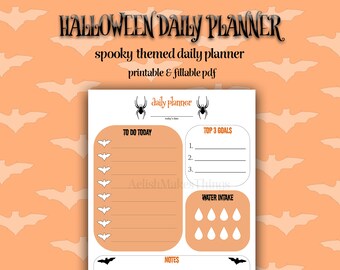Op de afbeelding: Printbare dagelijkse Halloween-planner met een griezelig thema. De planner heeft een vleermuisontwerp en bevat secties voor een to-dolijst, de top 3 doelen, waterinname en notities.