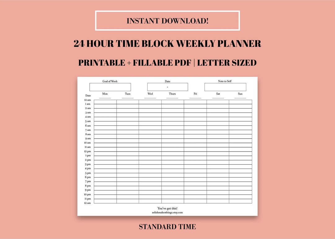 24 Hour Time Blocking Weekly Planner: Printable Hourly Schedule (PDF ...