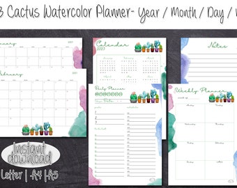2023 Daily Planner, Weekly Planner, Monthly Planner, Year at Glance, Printable Planner, Watercolor, Succulents, Cactus, Instant Download