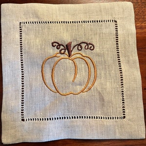 Linen Pumpkin Cocktail Napkins - Set of 4, Fall Harvest Table Decor, Thanksgiving Dinner Cloth Napkins, Autumn Entertaining, Hostess Gift