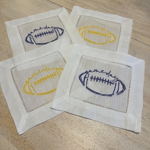 Linen Football Gameday Cocktail Napkins - Set of 4, Custom Team Colors, Tailgating Napkins