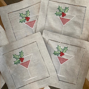 Christmas Linen Cocktail Napkin Set | Festive Holiday Drink Coasters | Elegant Xmas Table Decor | Set of 4 Cloth Napkins