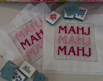 Mahjong Cocktail Napkins — Customizable Embroidery (1–3 Colors)| Set of 4 Linen Napkins
