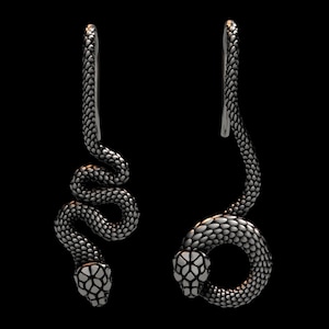 May include: A pair of silver-colored snake earrings. Each earring features a detailed snake design with a textured, scale-like pattern. One snake is coiled, and the other is in a loop shape, both with detailed heads.
