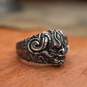 Hannya Oni 925 Silver Ring, Japanese Demon Design, Handcrafted, Adjustable Size, Unisex, Unique Gift, Cultural & Spiritual Symbol Edgy Style