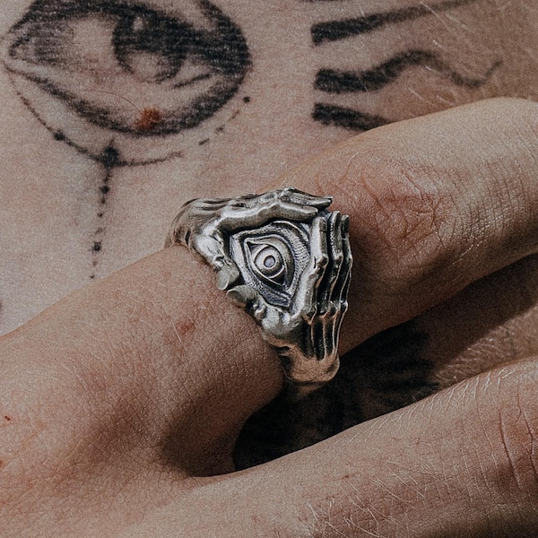 Evil Eye Hand Ring Sterling Silver 925 - Protective Eye Ring - Mystic Statement Ring for Women Men