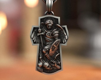 Archangel Michael Necklace, Saint Michael Orthodox Cross, 925 Sterling Silver Pendant, Religious Christian Jewelry, Handmade Men's Necklace