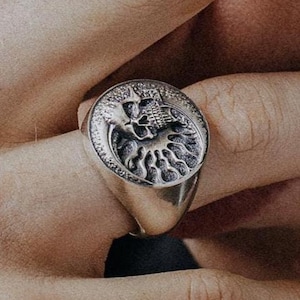 Skull Ring Sterling Silver 925 - Flame Skull Signet Ring for Men, Gothic Biker Ring, Handmade Statement Ring