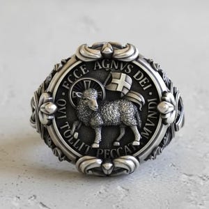 Lamb of God Agnus Dei Signet - 925 Sterling Silver - Christian Jesus Christ Ring - Symbol of Sacrifice and Redemption