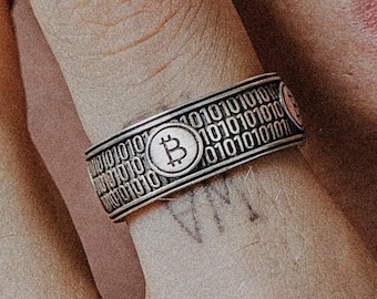 Bitcoin Ring Sterling Silver 925 - Crypto Currency Band Ring for Men - Handmade Digital Code Ring - Tech Geek Jewelry Gift - Binary Ring