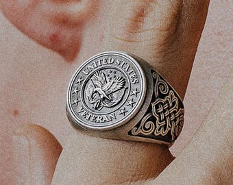 Veteran Eagle Ring Sterling Silver 925 - Military Signet Ring for Men - Patriotic Service Ring - Handmade American Eagle Jewelry Gift