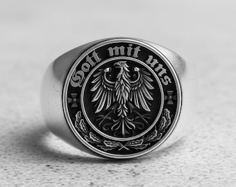 925 Sterling Silver Ring Gott Mit Uns Ring German Coat of Arms Signet Ring, Handcrafted, Perfect for History Enthusiasts and Patriotic Gifts