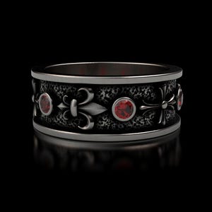 Gothic Garnet Ring Sterling Silver 925 - Medieval Cross Band Ring for Men - Handmade Ruby Red Stone Ring - Dark Art Wedding Band Gift