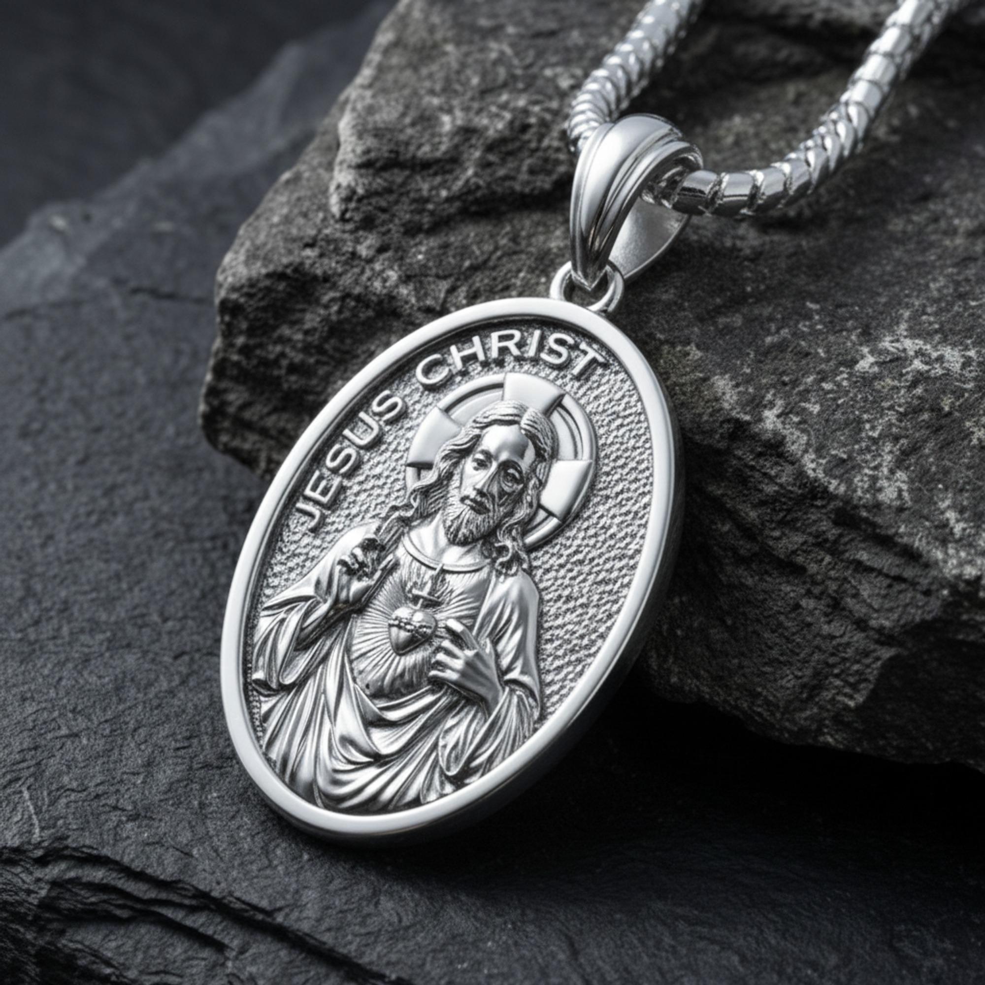 Sacred Heart of Jesus Christ Medallion Pendant 925 Sterling Silver ...