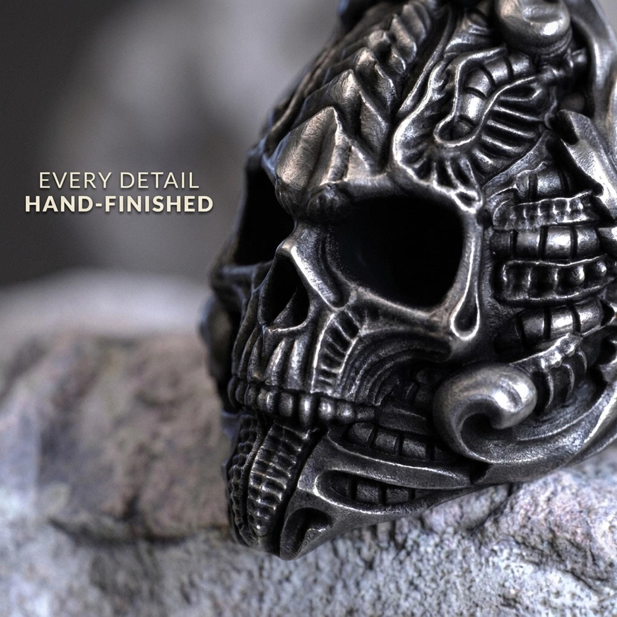 Biomechanical Skull Ring, HR Giger Inspired, 925 Sterling Silver