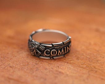Wolf Ring 925 Sterling Silver - Winter Is Coming Band with Direwolf Design - Fantasy Series Inspired Jewelry - Stark House Fan Gift
