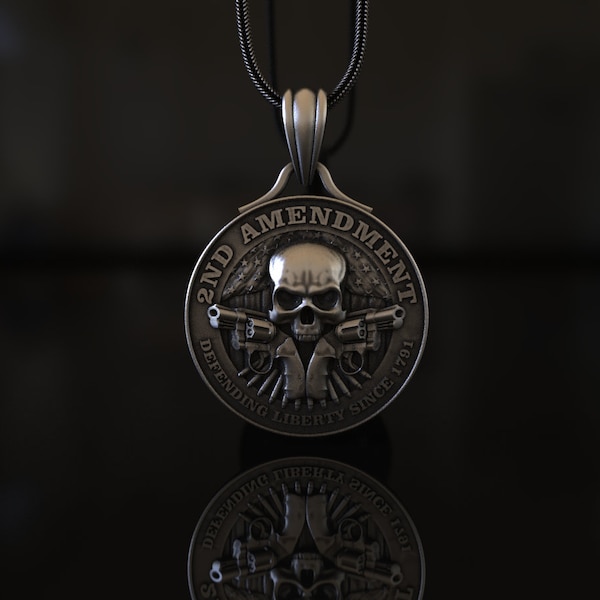 American 2nd Amendment Necklace, Veteran Medallion Necklace, Handmade Jewelry, 925 Sterling Silver Unisex Skull Necklace, Anniversary Gift