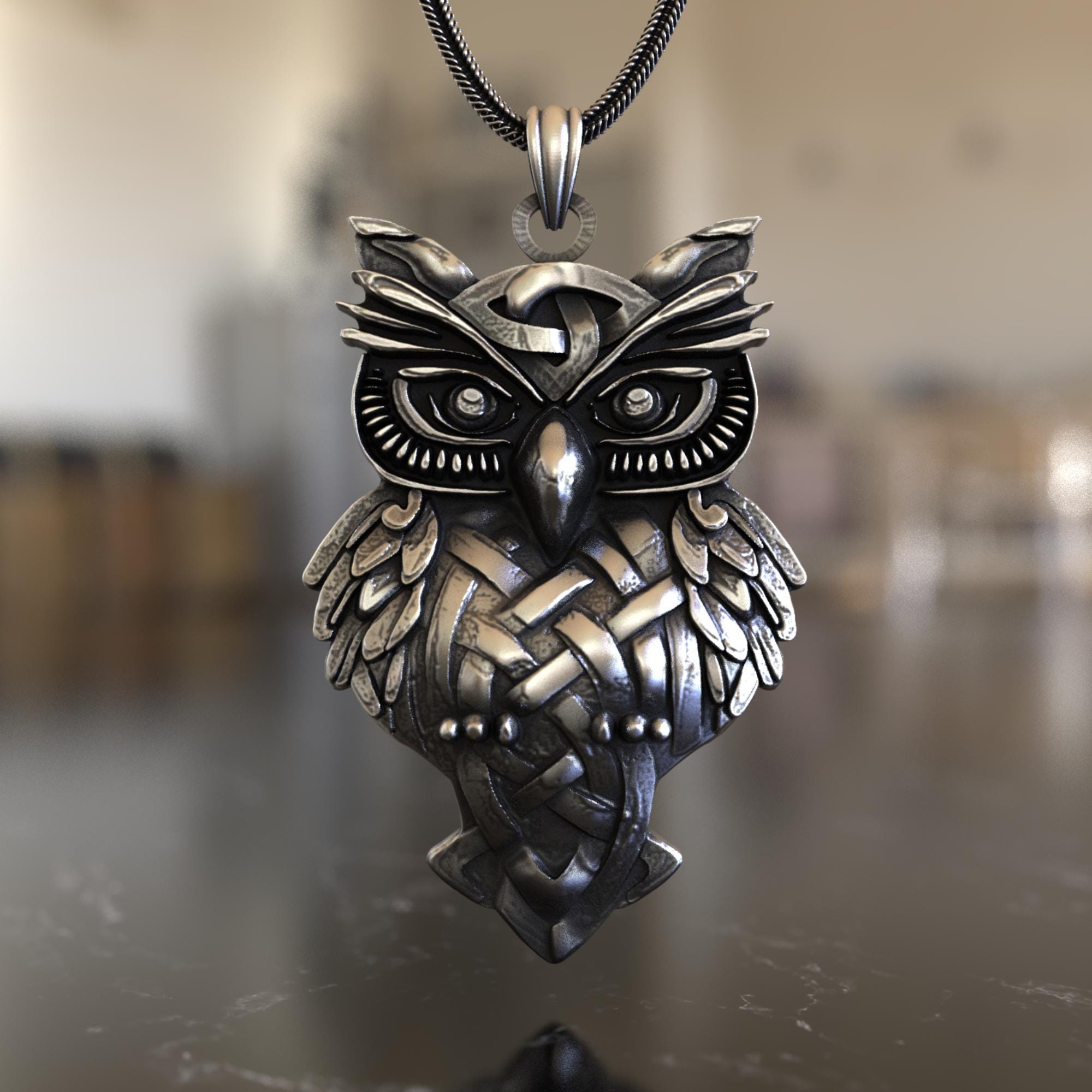 Unique Owl Totem Pendant Necklace, Celtic Knotwork Owl Charm in 925 Sterling Silver, Intricate Handm