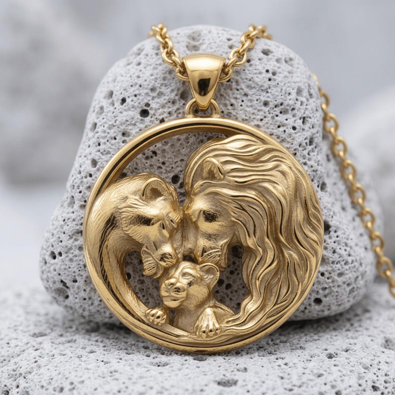 Löwenfamilien-Anhänger-Halskette, Sterlingsilber, Tieranhänger, Mutter-Vater-Junges-Schmuck, handgefertigtes 925er-Silber-Wildtiergeschenk, poliertes Familienband Bild 9