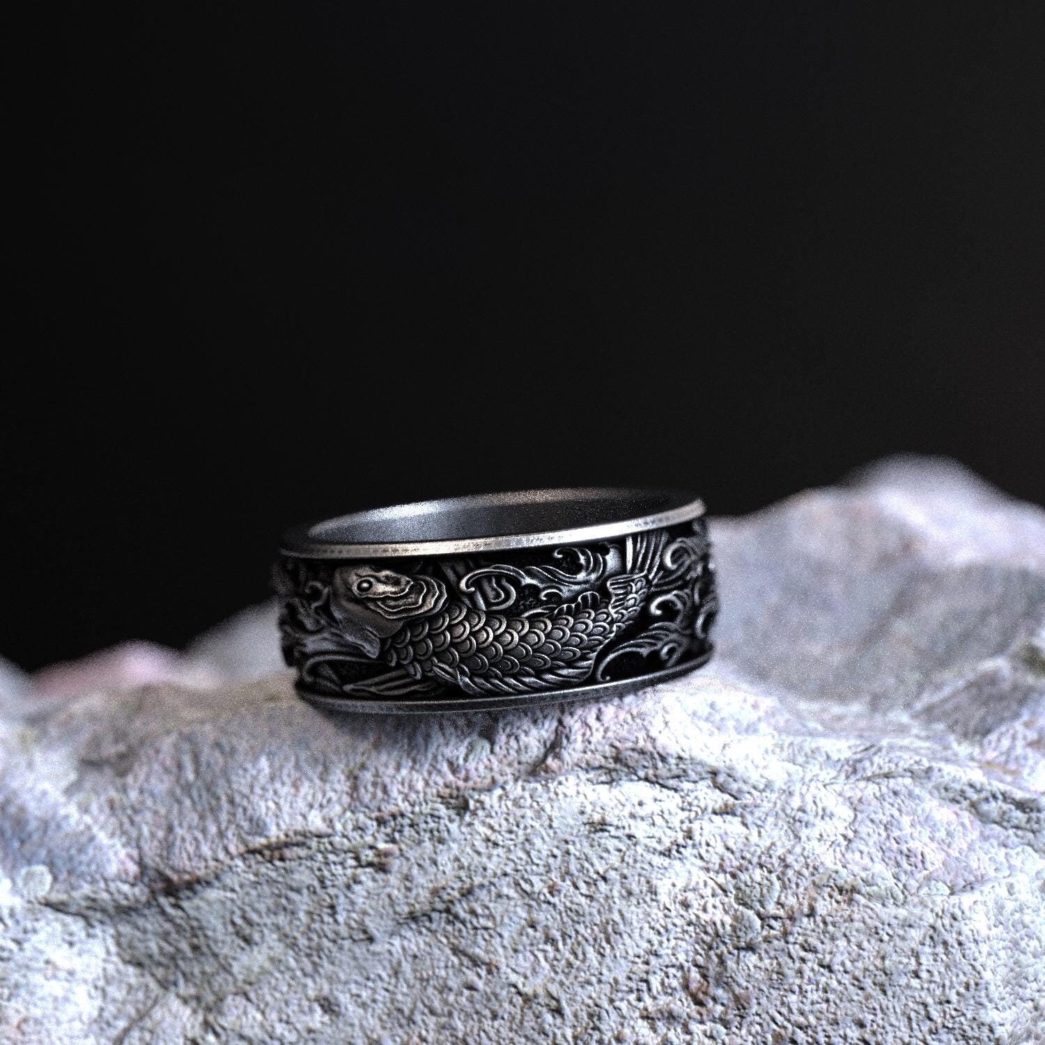 Nature-inspired Silver Ring, Koi Fish and Waves (sterling, Unisex