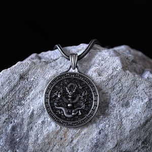 Antique Chinese Dragon Medallion Necklace 925 Sterling Silver, Traditional Feng Shui Dragon Pendant for Men Women, Vintage Eastern Amulet