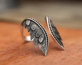 Angel Wings Ring 925 Sterling Silver | Handcrafted Celestial Feather Band | Spiritual Protection Jewelry | Open Adjustable Guardian Ring
