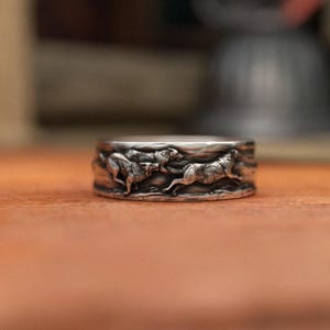 Running Wolves Wedding Band - 925 Sterling Silver - Wolf Ring - Symbol of Loyalty & Freedom - Handcrafted Artistry Unique Wilderness Design