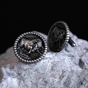 Bison Bull Sterling Silver Cufflinks, Handcrafted Wildlife Jewelry, 925 Silver Animal Lover Gift for Men, Detailed Nature-Inspired Design