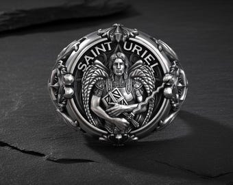 Saint Uriel Ring: Oxidized Sterling Silver - Archangel Sword Shield, Religious Protection Amulet, Men’s Statement Jewelry