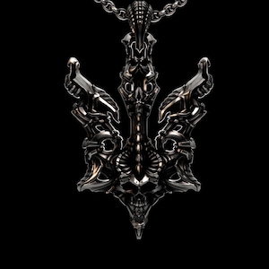 Biomechanical Trident Skull Pendant Sterling Silver 925 Gothic Cyborg Fantasy Necklace