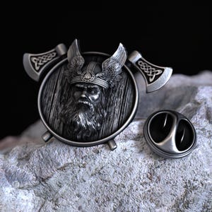Nordic Viking Lapel Pin 925 Sterling Silver Norse God Warrior Beard Wings Axe Design Handmade Celtic Knot Brooch Detailed Jewelry Gift