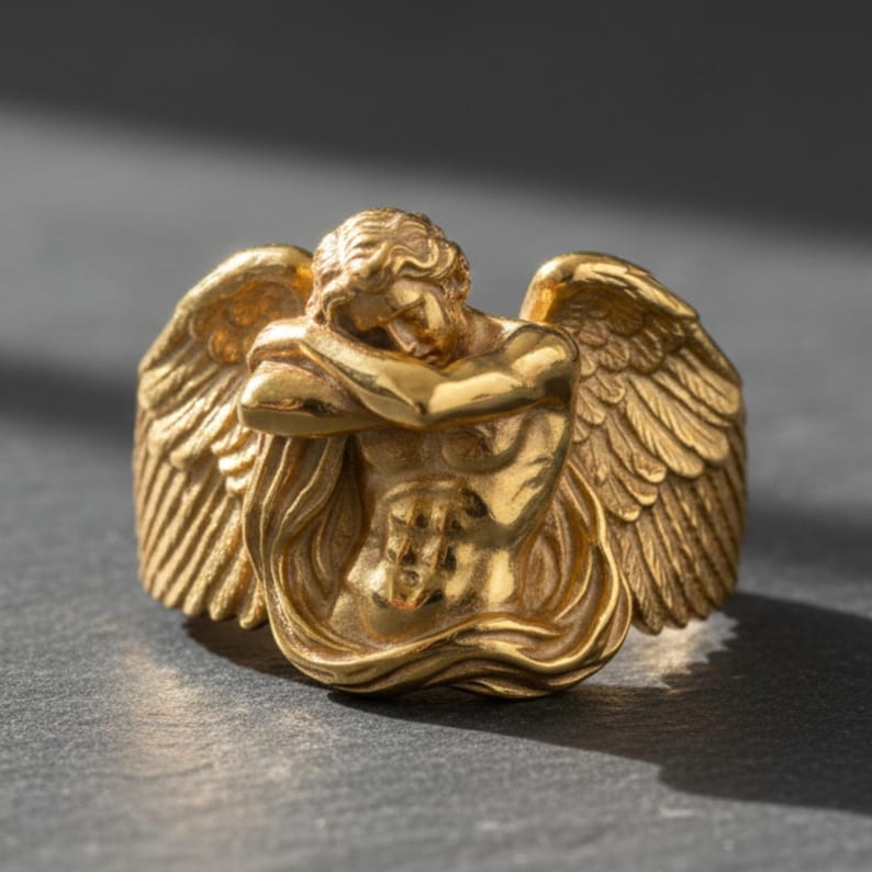 Fallen Angel Ring 925 Sterling Silver 14K Guld Vermeil Alexandre Cabanel Art Gothic Lucifer Statement Smycken för Herrar bild 1