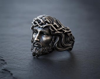 Jesus Christ Ring 925 Sterling Silver Oxidized Finish Crown of Thorns Religious Christian Jewelry Men