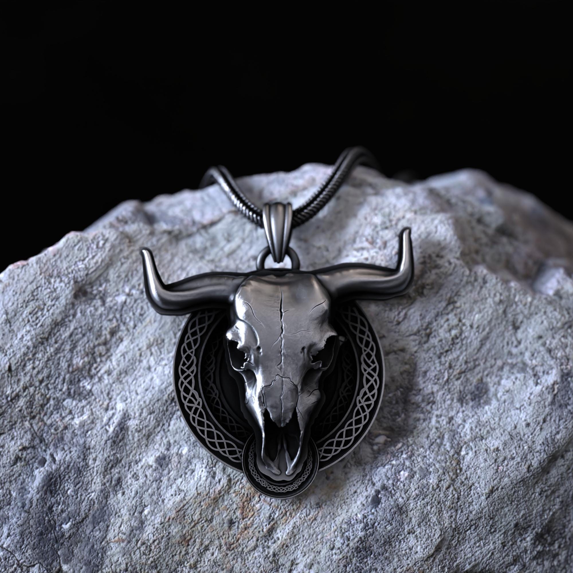Rustic Bull Skull Necklace 925 Sterling Silver, Unique Western Pendant, Tribal Boho Jewelry, Men's Symbolic Totem Amulet, Animal Skull Charm
