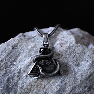 Mystical All-Seeing Eye and Snake Pendant Necklace, 925 Sterling Silver Triangle Eye of Providence Charm, Unique Occult Symbol Jewelry Gift