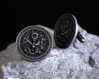 Handmade 925 Sterling Silver Chinese Dragon Cufflinks, Ornate Mythical Beast Design, Traditional Chinese Symbol Jewelry, Unique Gift for Him