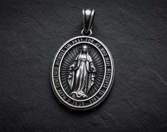Miraculous Medal Pendant, Sterling Silver Virgin Mary Necklace, Catholic Protection Charm, Handmade 925 Religious Jewelry, Immaculate Gift