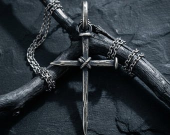 Nail Cross Pendant 925 Sterling Silver, Gothic Cross Necklace, Oxidized Silver Cross Charm, Christian Jewelry, Handmade Gift