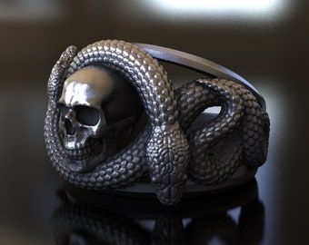 Double Headed Snake & Skull Ring, Handcrafted 925 Sterling Silver, Unique Gothic Design, Unisex Jewelry, Gift for Fans of Dark Aesthetics