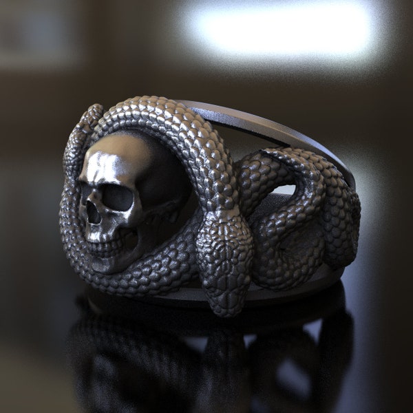 Double Headed Snake & Skull Ring, Handcrafted 925 Sterling Silver, Unique Gothic Design, Unisex Jewelry, Gift for Fans of Dark Aesthetics