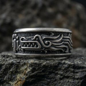 Aztec Quetzalcoatl Dragon Ring 925 Sterling Silver Oxidized Finish Mesoamerican Mythology Statement Band Unisex