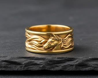 Anillo de cabeza de caballo en plata de ley 925 bañado en oro de 14 quilates, joyería ecuestre unisex.
