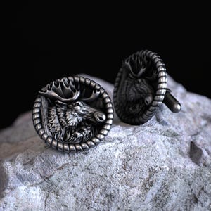 Majestic Moose Head Cufflinks 925 Sterling Silver Rustic Animal Nature-Inspired Design Wildlife Lover&#39;s Accessories Handmade Men’s Jewelry
