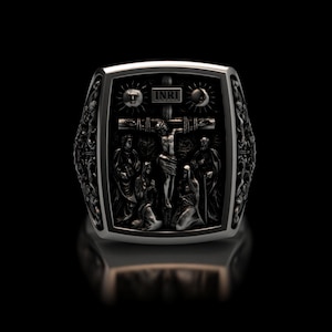 Crucifixion Ring Sterling Silver 925 - Religious Scene Ring - Catholic Statement Ring for Men