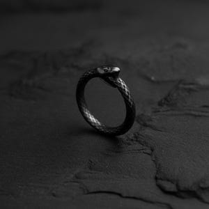 Op de afbeelding: Een donkerzwarte ring in de vorm van een slang. De kop van de slang is omhoog en het lichaam wikkelt zich om de vinger. De ring staat op een donkere, getextureerde achtergrond.