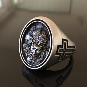 Jesus Christ Signet Ring, Crown of Thorns, 925 Sterling Silver, Christian Jewelry, Religious Unisex Ring, Spiritual Gift, Chunky Silver Ring