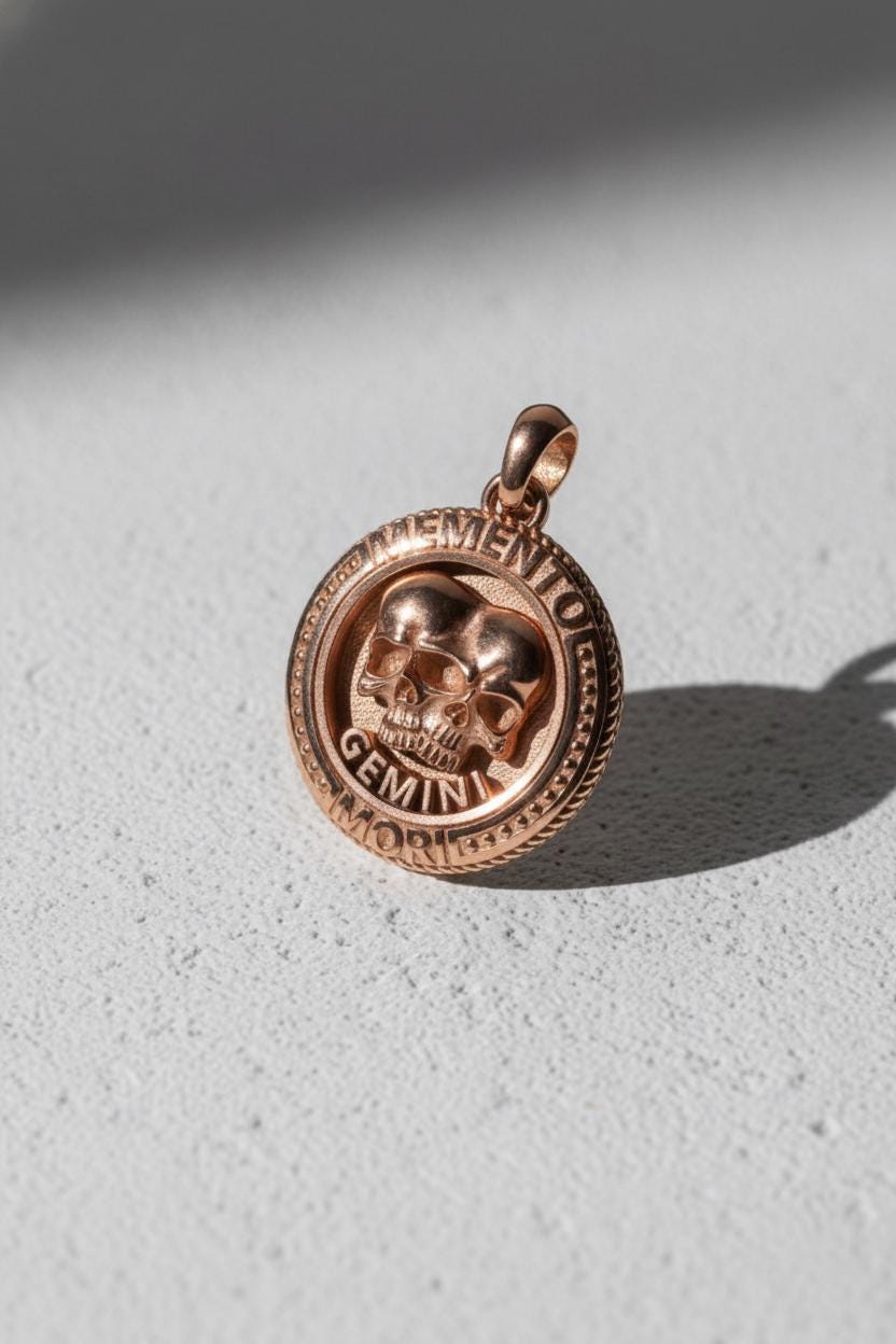 Memento Mori Gemini Zodiac Necklace 925 Sterling Silver Twin Skull